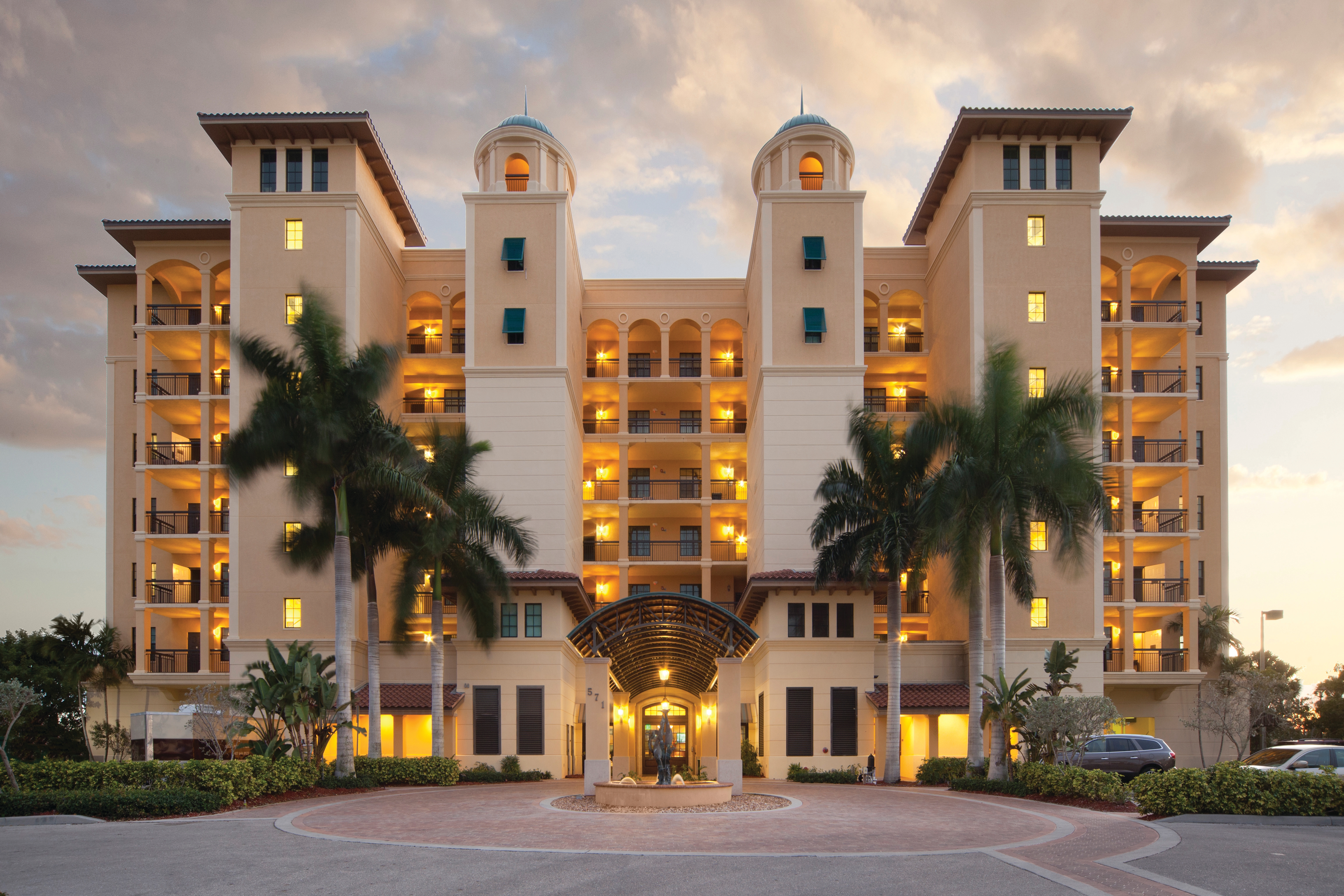Property exterior during sunset at Sunset Cove Resort in Marco Island, Florida.