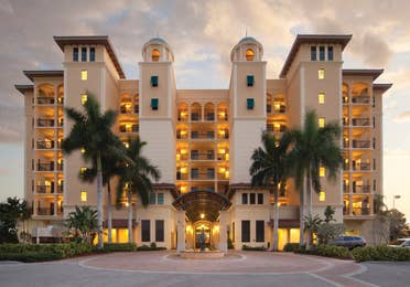 Property exterior during sunset at Sunset Cove Resort in Marco Island, Florida.