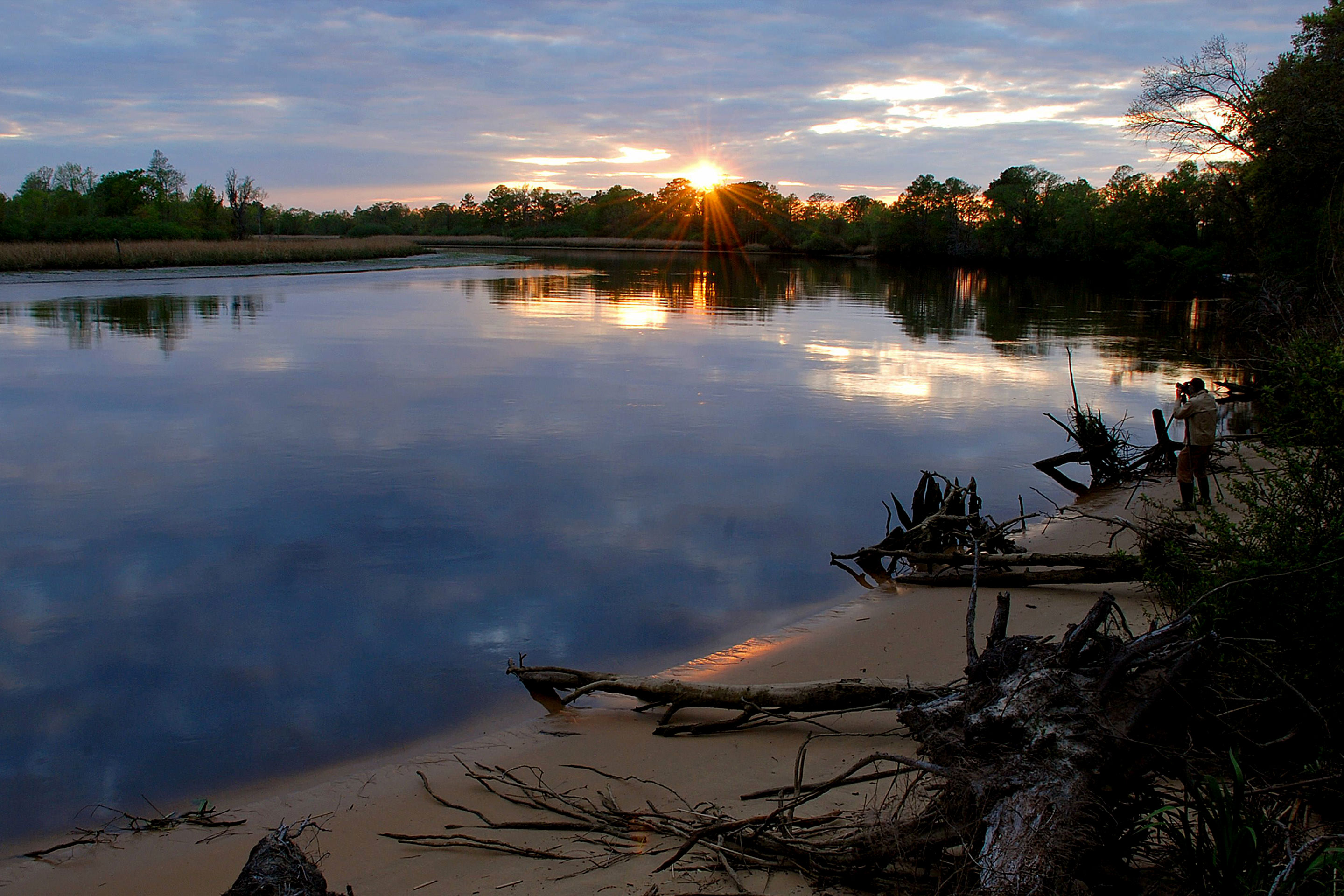 A man takes a photograph on the sandy beach of Sandy Island, South Carolina as the sun sets behind moss trees and reflects over the waterfront.