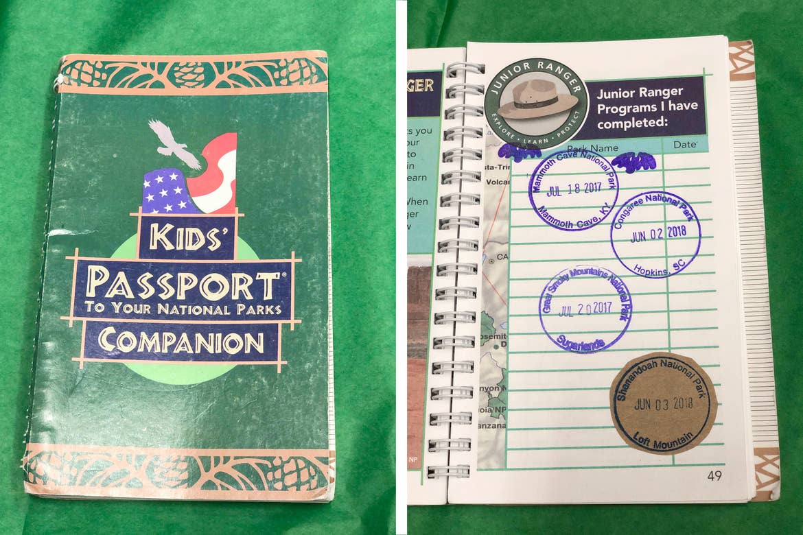 Left: A green booklet that reads, 'Kids' Passport to Your National Parks Companion' sits on green tissue paper. Right: The same booklet is open to a page containing passport stamps.