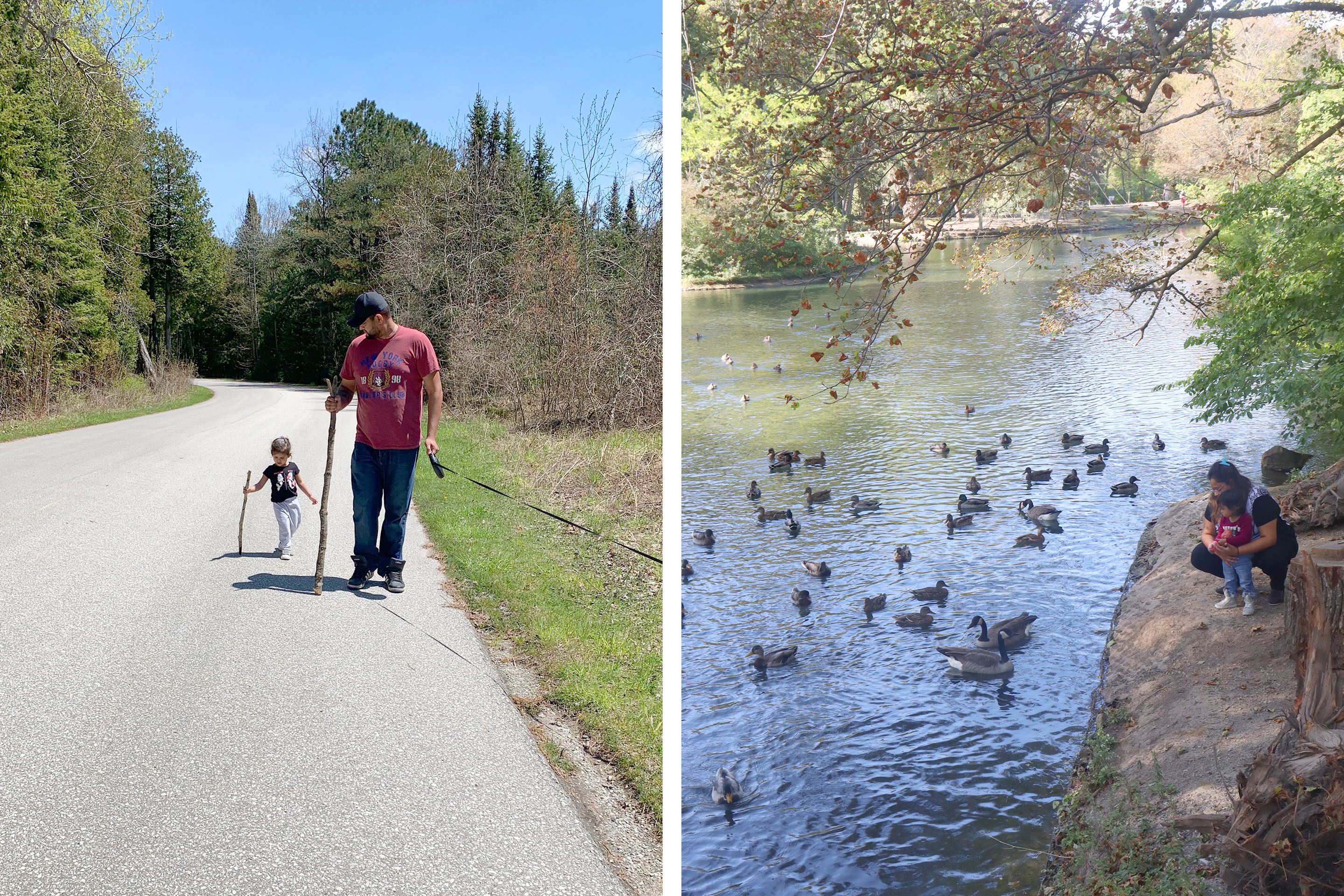Left: Amarra walks alongside Rohan while carrying big sticks on a trail. Right: Karishma holds her daughter, Myrra, as they look at geese in a river.