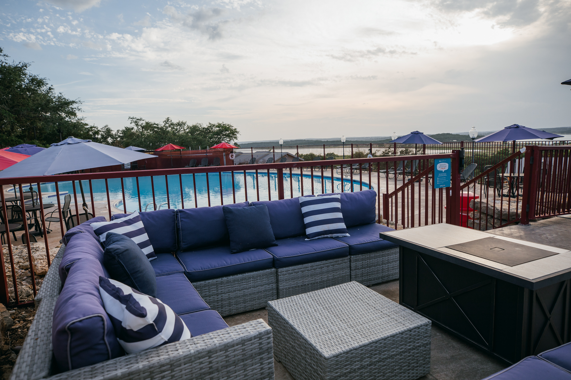 Lounge by the pool at Hill Country Resort in Canyon Lake, Texas.