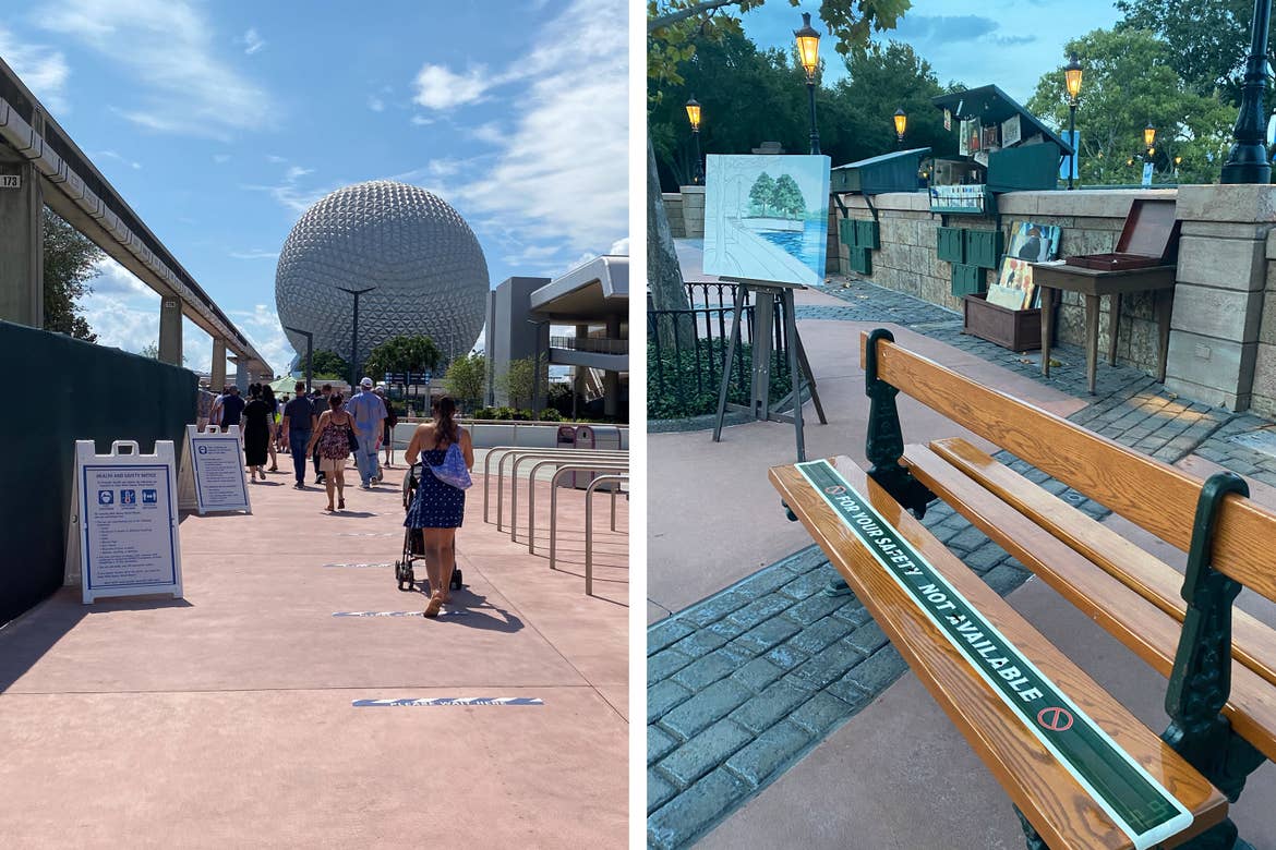 Left: Guests enter from the EPCOT parking lot past safety tape to maintain social distance as Spaceship Earth can be seen in the background. Right: Bench in the France Pavilion at World Showcase clad in safety tape to maintain social distance.