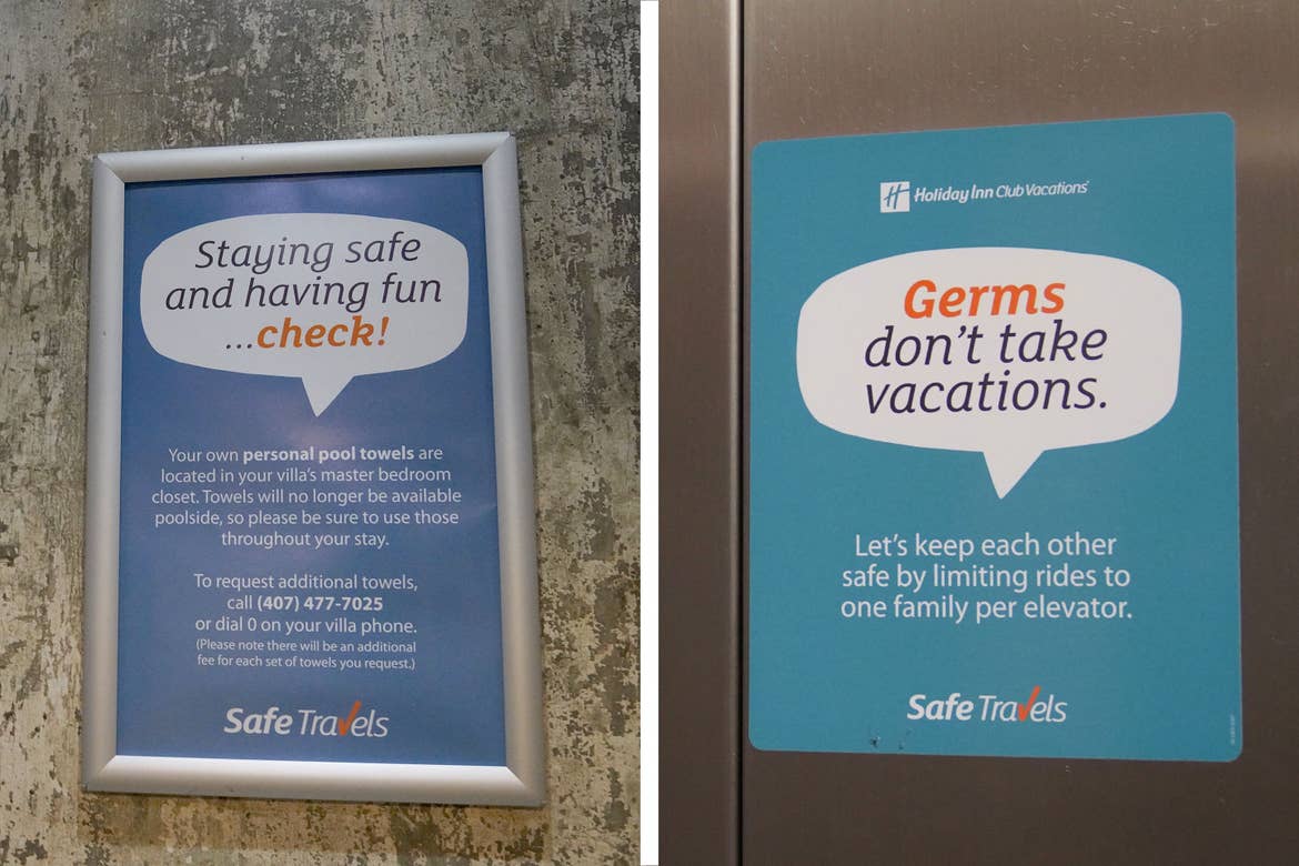 Left: A sign indicating safety measures for COVID-19 under our SafeTravels initiative. Right:  A sign indicating safety measures in the elevator for COVID-19 under our SafeTravels initiative.