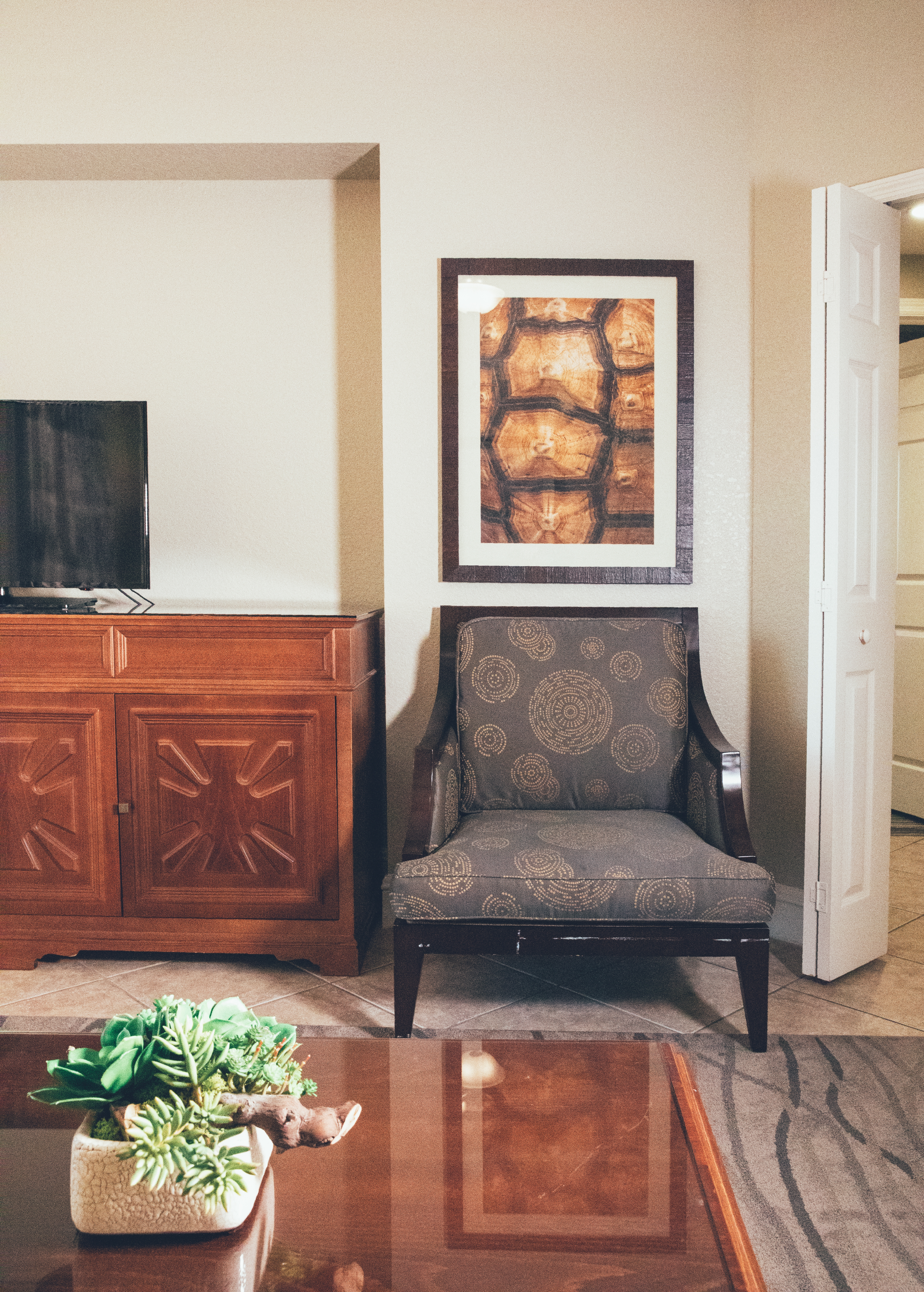 Closeup of accent chair in a Signature villa in River Island at Orange Lake Resort near Orlando, Florida