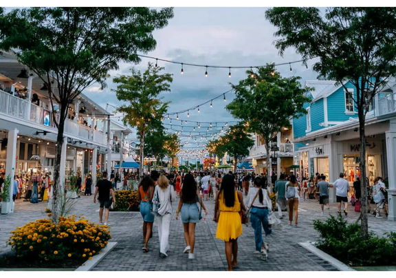 Shoppers walking through a lively outdoor shopping district.