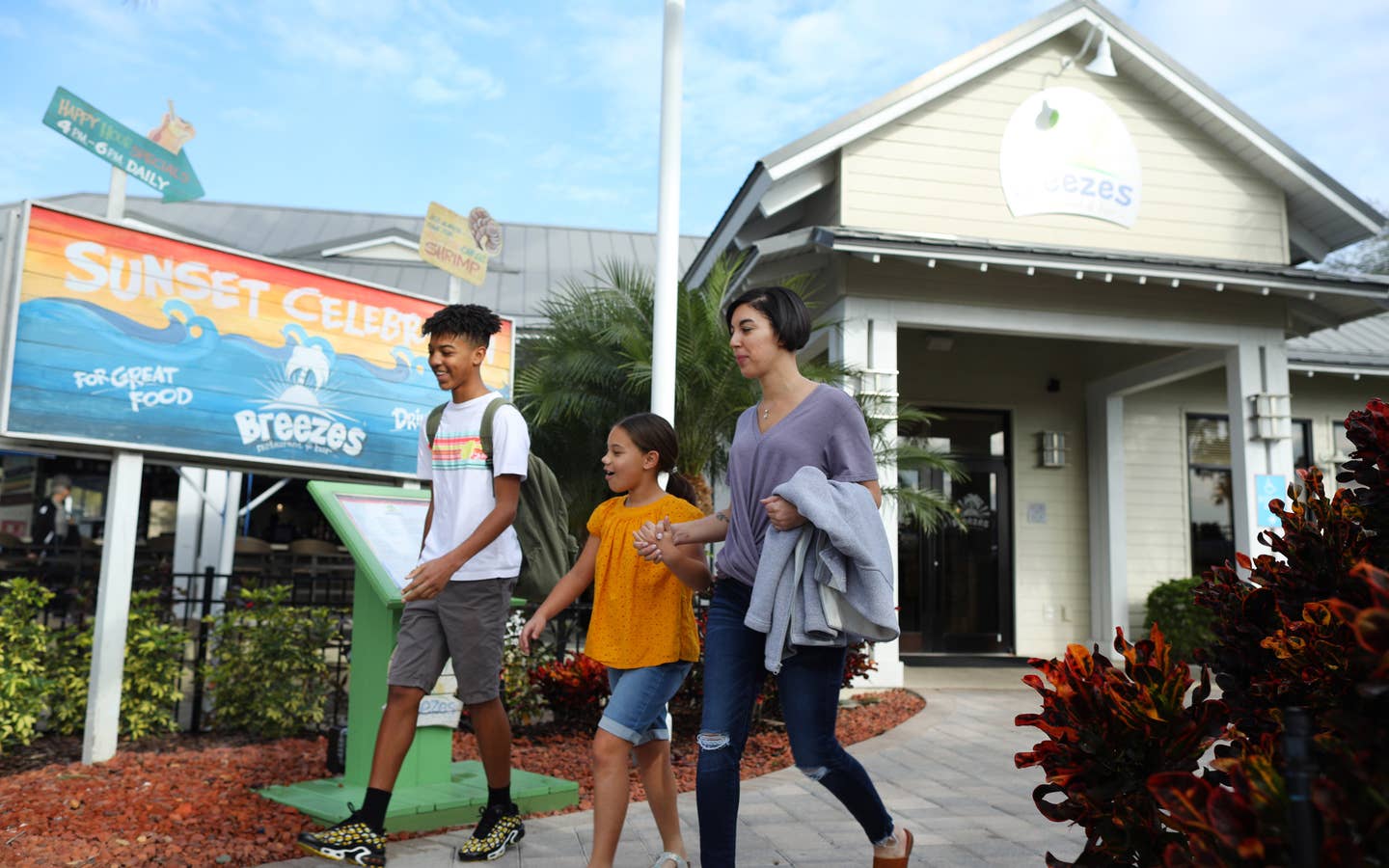 Exterior view of Breezes Restaurant in West Village at Orange Lake Resort near Orlando, Florida