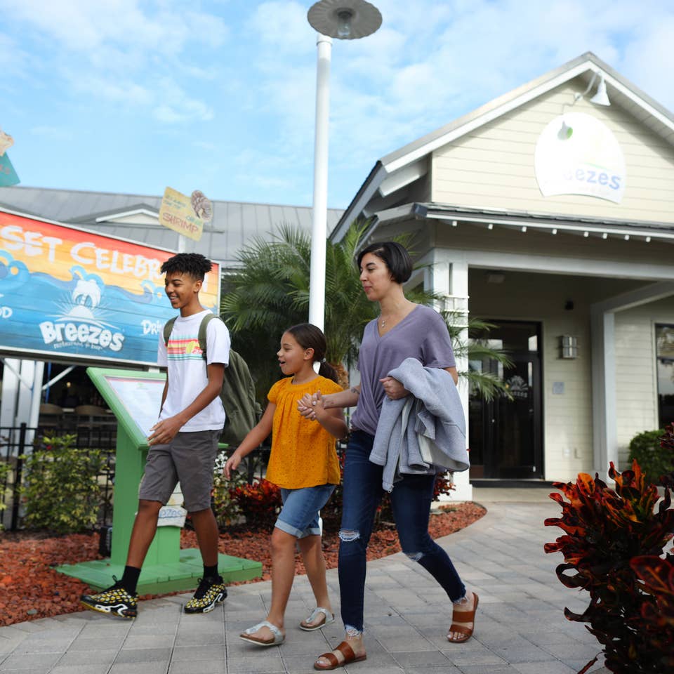 Exterior view of Breezes Restaurant in West Village at Orange Lake Resort near Orlando, Florida