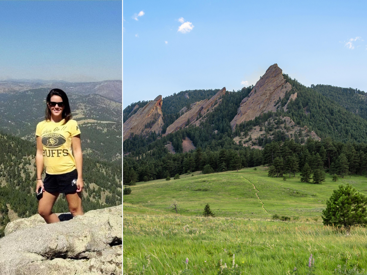 Collage of Jenn on the Flatirons and a view of the mountain