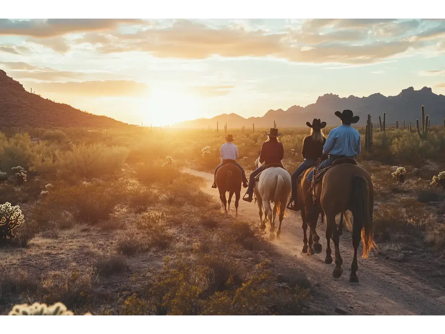 4 people ride on horseback into the sandy Arizone desert, surrounded by cacti and a sunset.