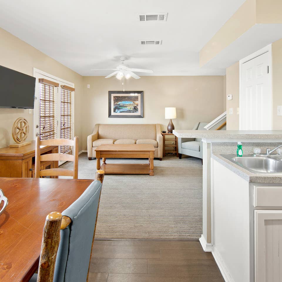 Dining room and living area in two-bedroom townhome at the Hill Country Resort in Canyon Lake, Texas.
