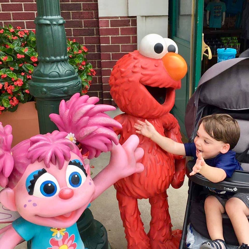 Dakota, Theresa's son, reaches from his stroller to embrace Elmo and Abby Cadabby outside Sesame Street Land.