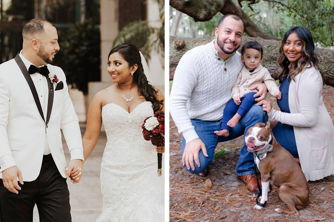 Left: Featured contributor, Alex Cruz (left) wears a white tuxedo as he walks with his wife in a white wedding dress. Right: Featured contributor, Alex Cruz (left) poses with his wife, son and dog outdoors wearing sweaters in beige.
