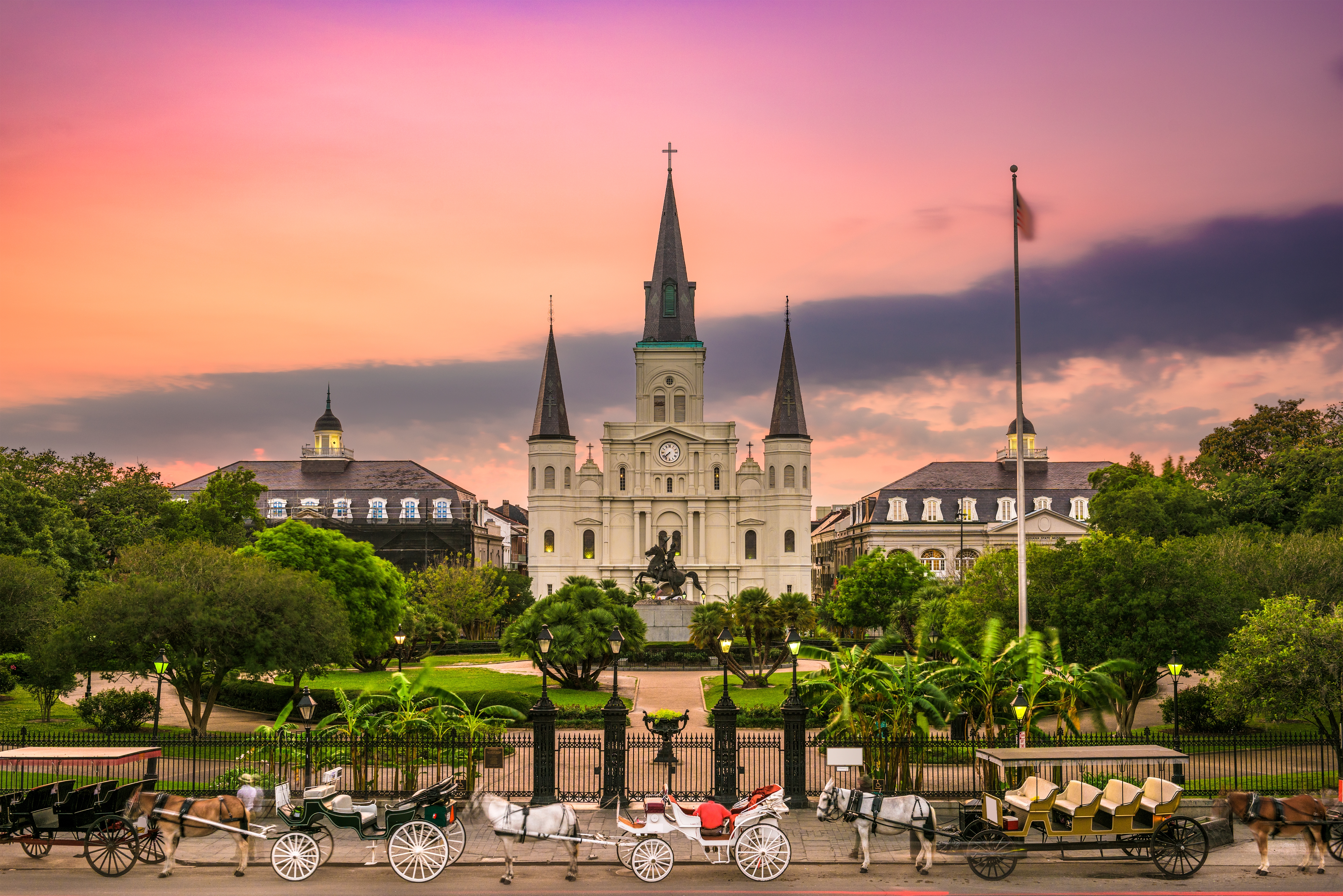 St. Louis Cathedral in Jackson Square at sunset in New Orleans.