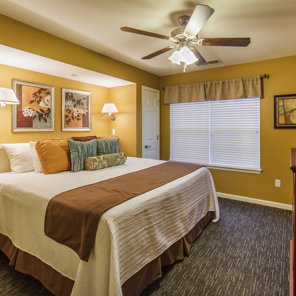 Bedroom in a three-bedroom ambassador villa at the Holiday Hills Resort in Branson Missouri.