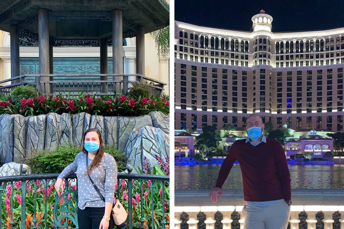 Left: Ashley Fraboni, stands in front of a Japanese gazebo in the Bellagio Conservatory & Botanical Gardens while wearing a mask. Right: Nicholas, stands in front of the Bellagio exterior outdoors while wearing a mask.