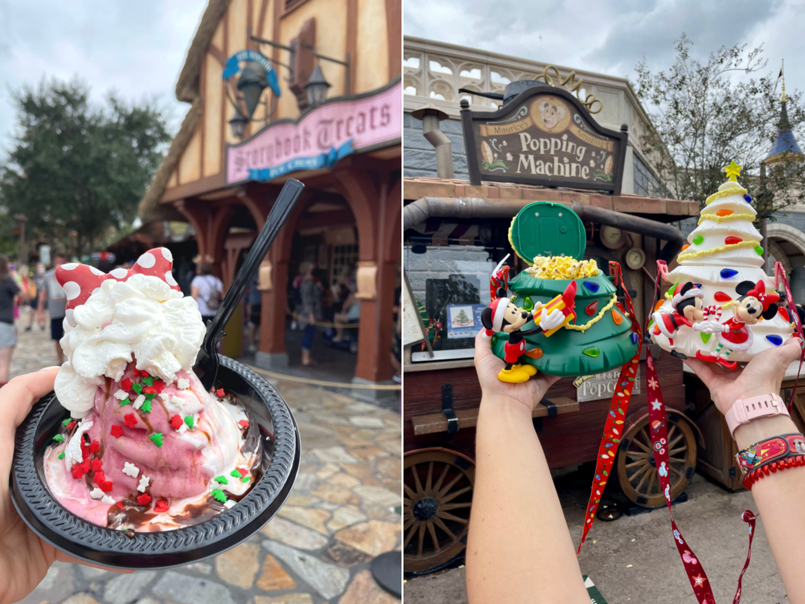 Left: Minnie’s Merry Cherry Cookie Sundae from Storybook Treats at Magic Kingdom Park. Right: Two Christmas Tree Popcorn Buckets from the Popping Machine at Walt Disney World® Resort.
