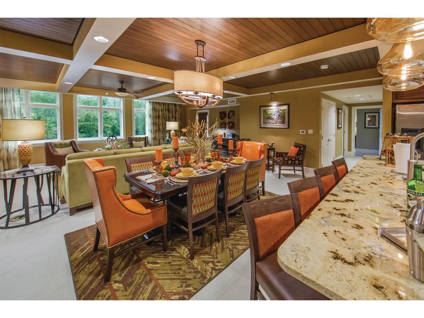 Elegant open-concept interior with warm tones  and cozy living space.