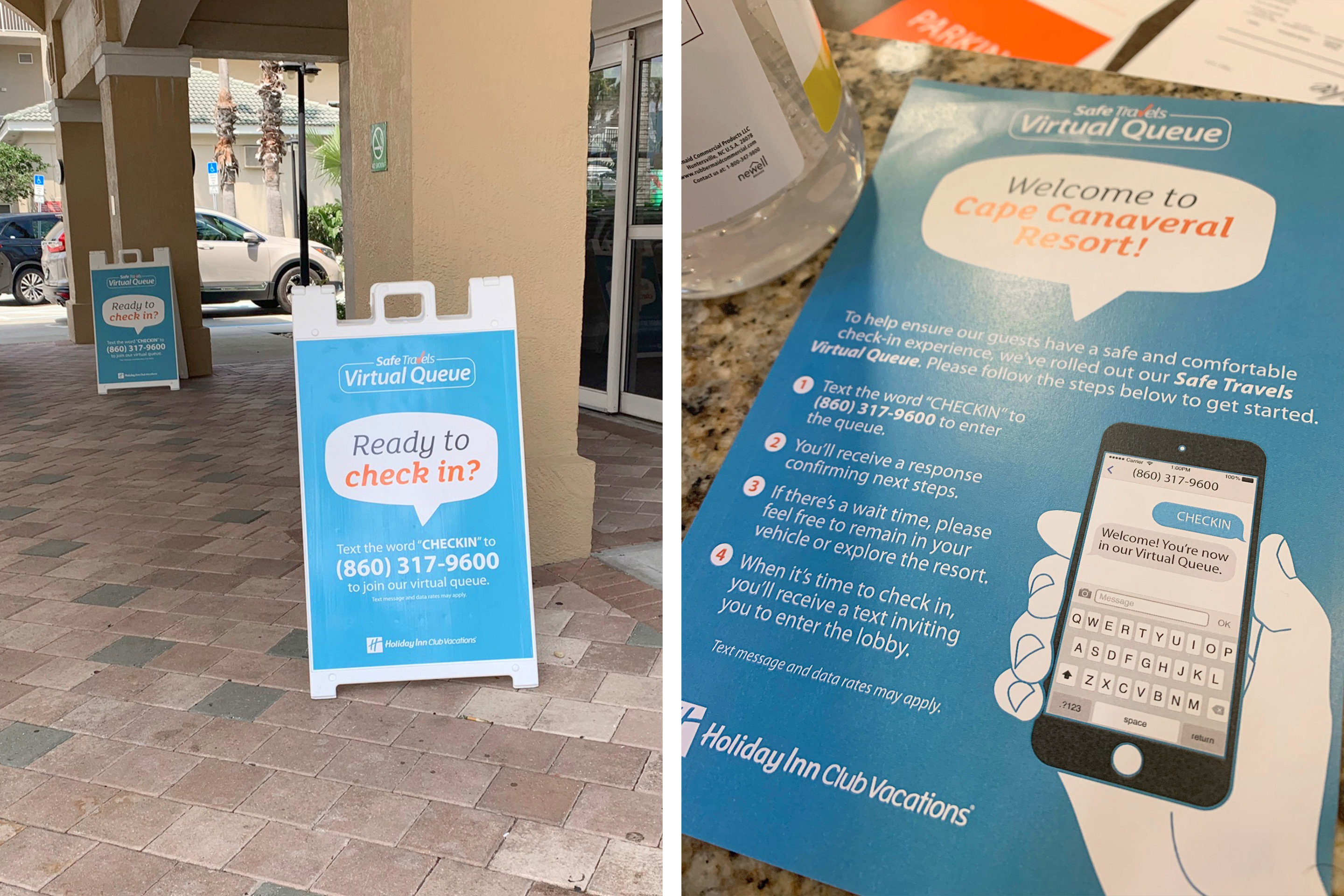Left: Outdoor signage indicates a virtual queue for guests to check in upon arrival. Right: An instructional guide for guests to join the virtual check  in queue.