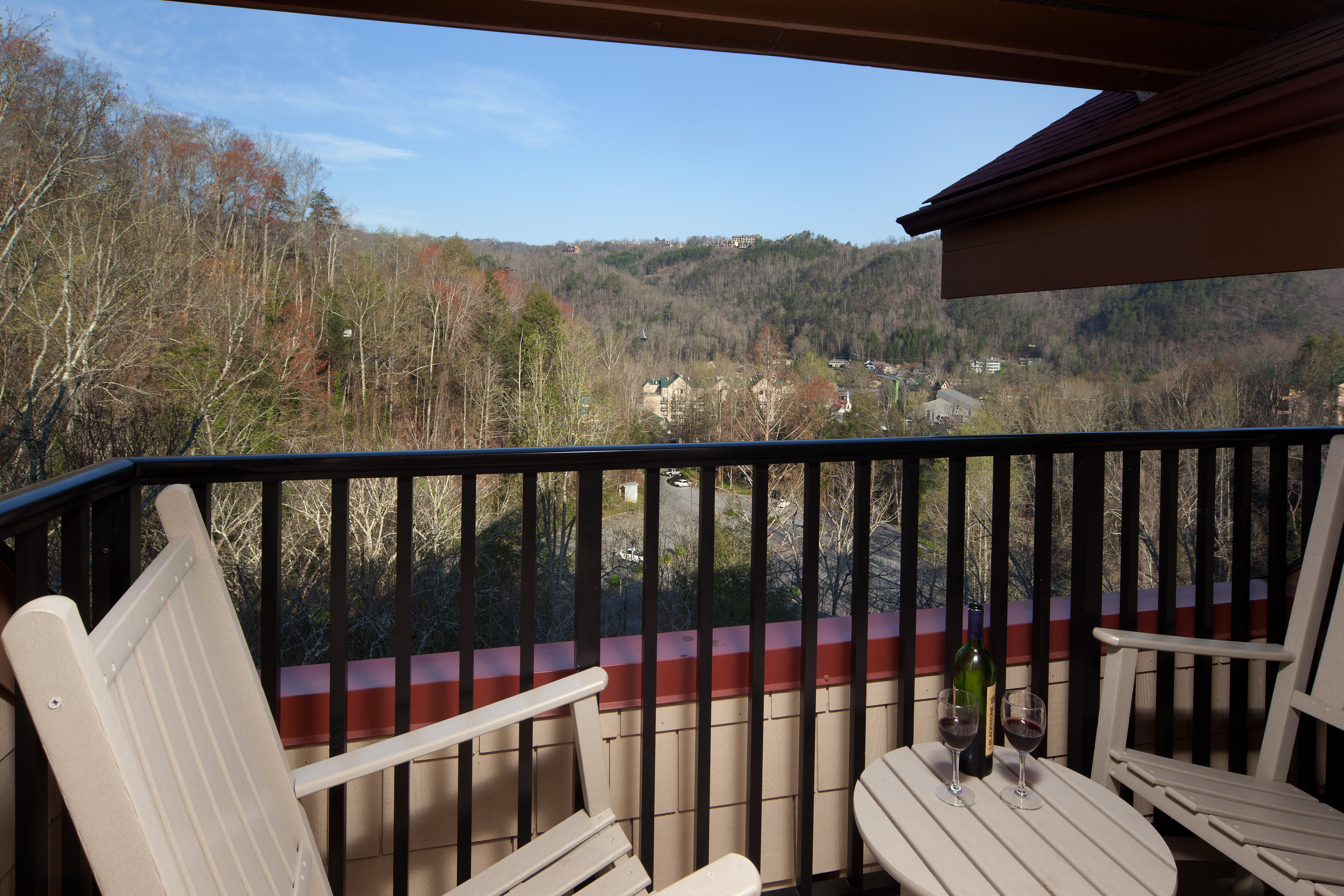 Balcony overlooking mountains at Smoky Mountain Resort in Gatlinburg, Tennessee.