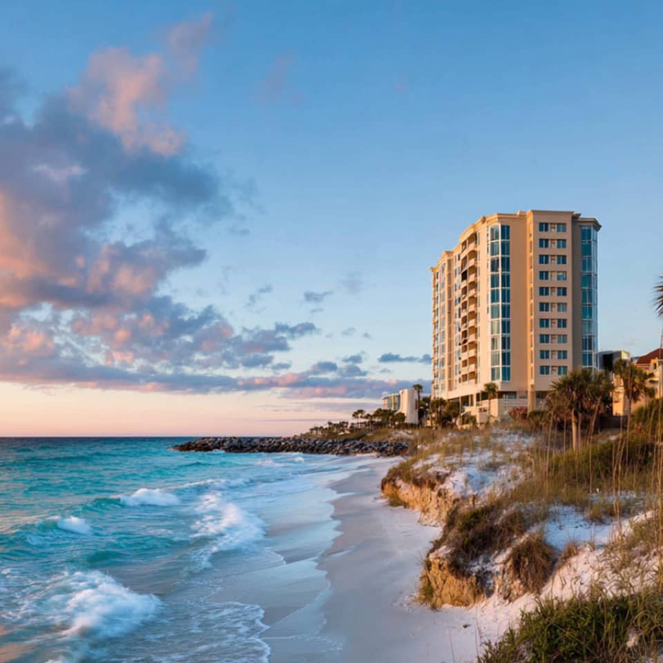 Clouds glowing pink float over rocky shoreline at sunset.