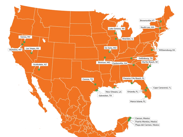 Map of Holiday Inn Club Vacations resorts.