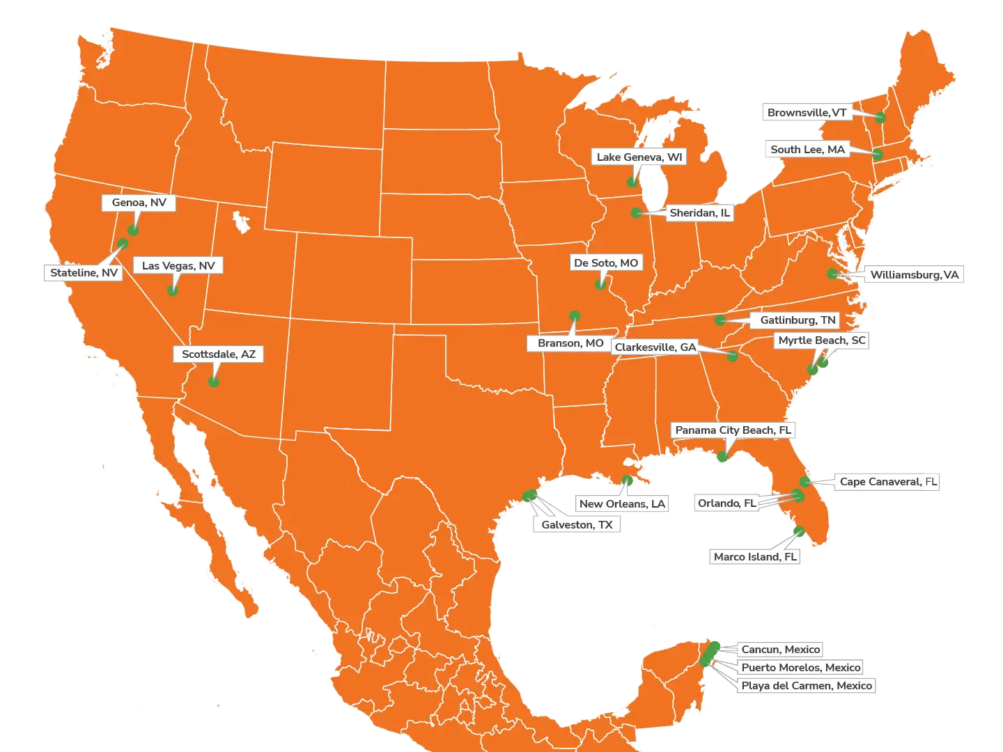Map of Holiday Inn Club Vacations resorts.