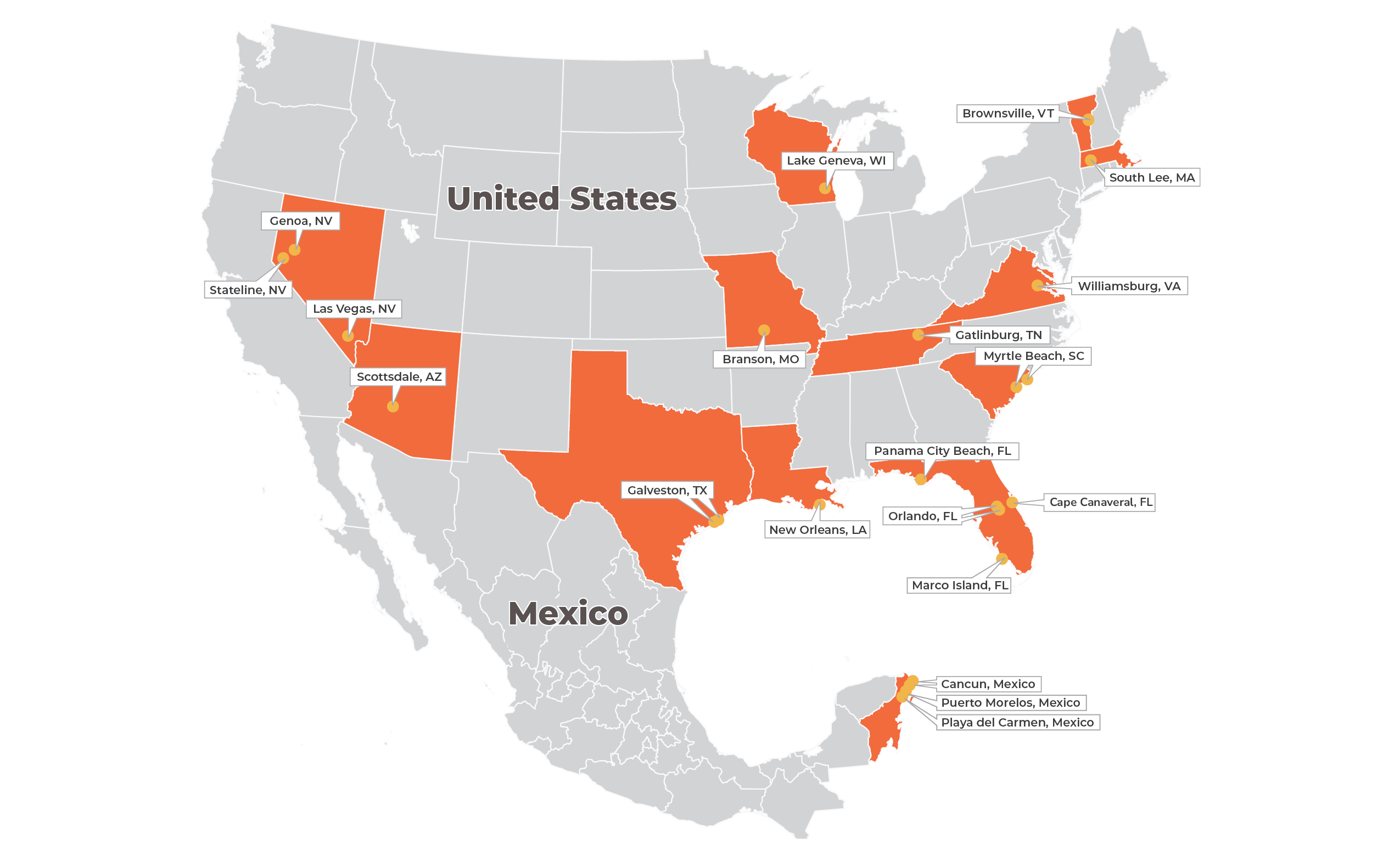 Map of Holiday Inn Club Vacations resorts.