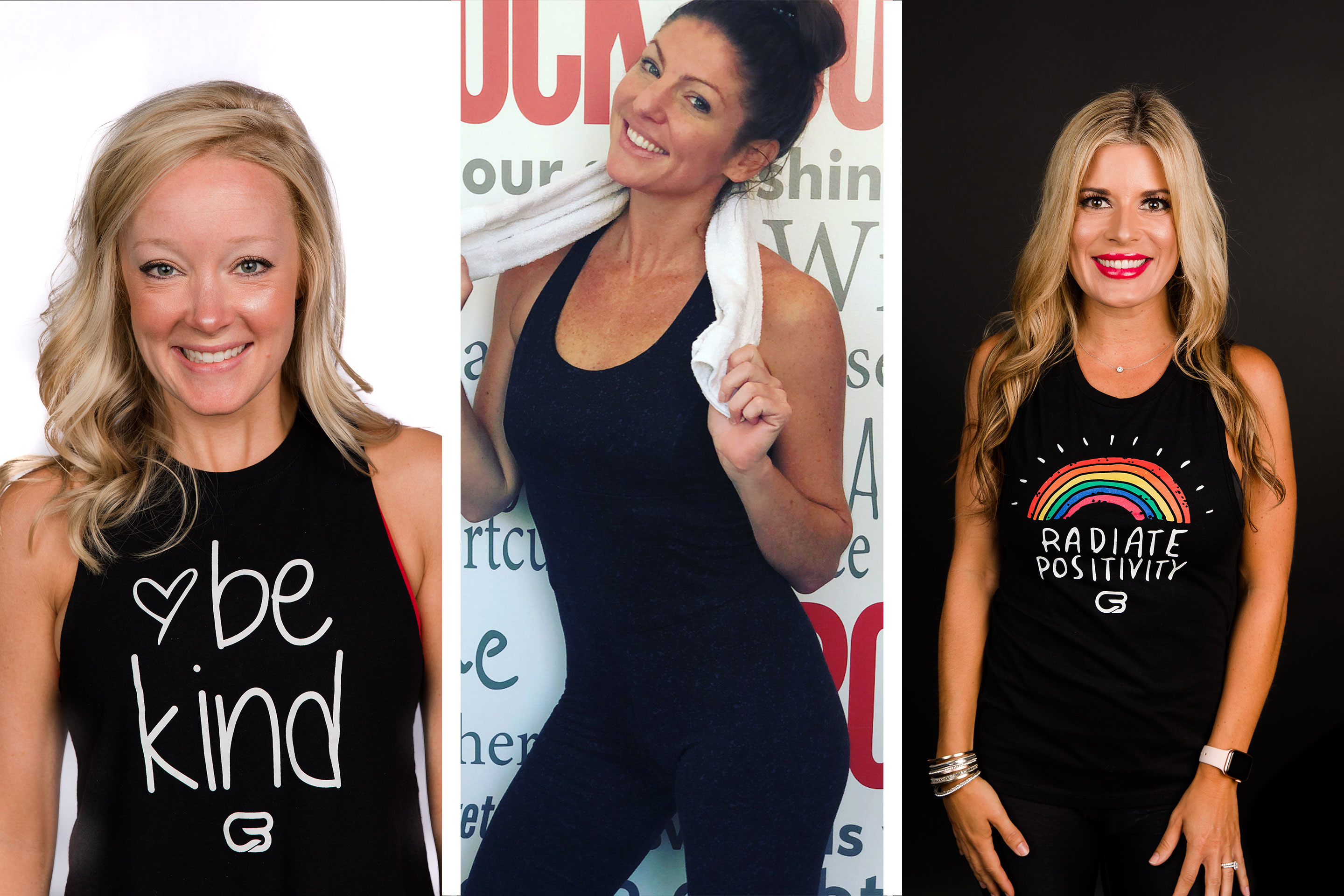 From left to right: Co-authors, Molly, Christine and Jessica wear black tank tops in front of white and black backgrounds.