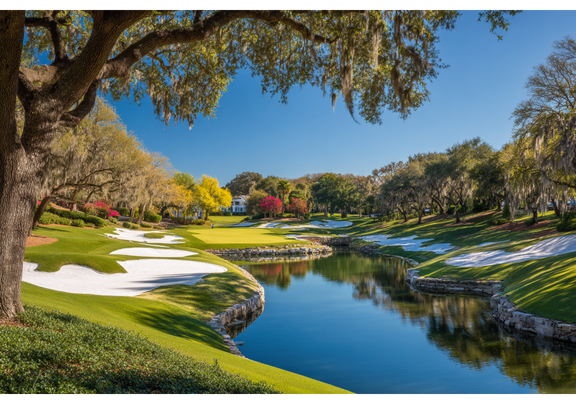 Manicured golf course with sloping greens and calm water.