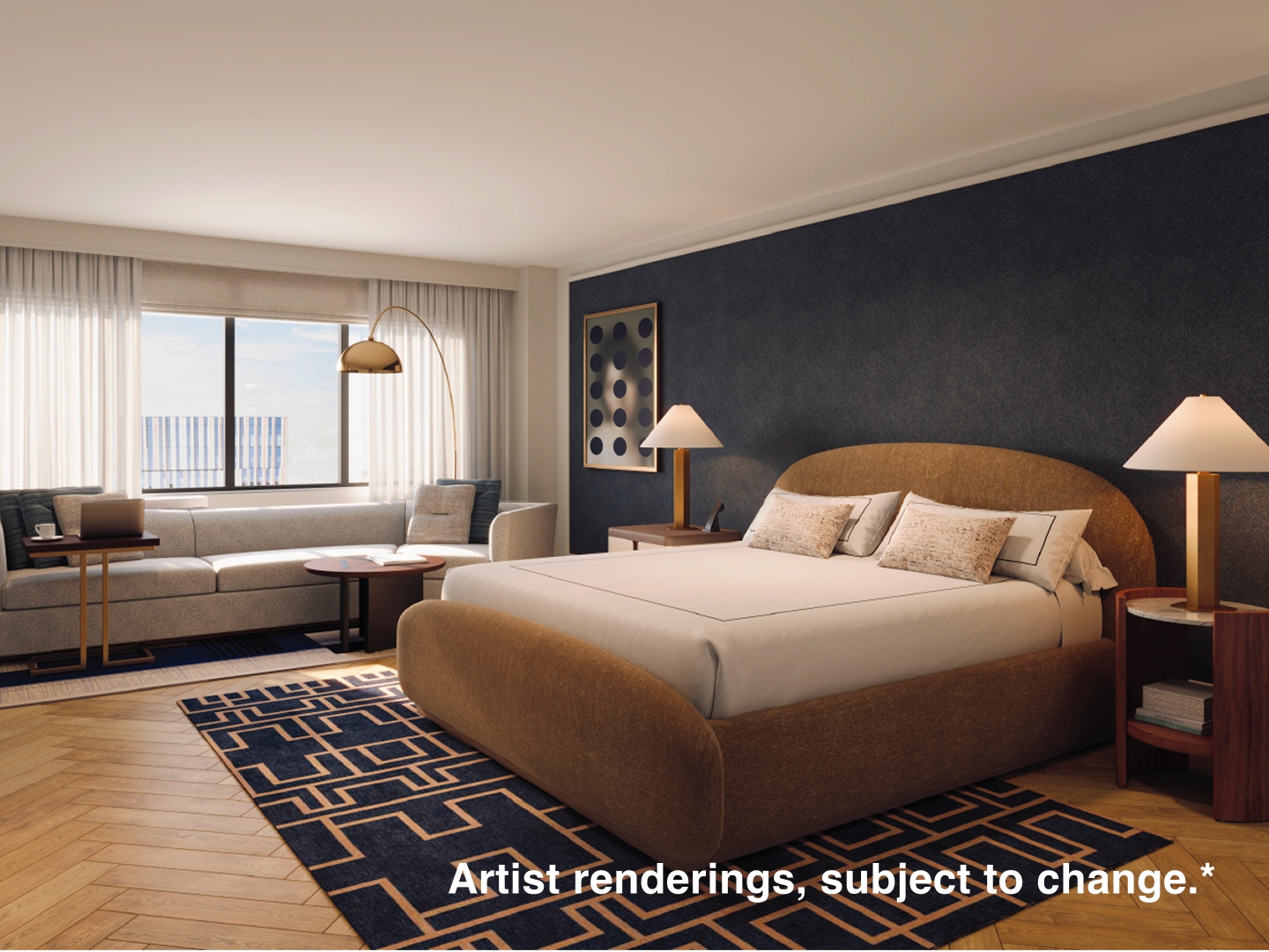Artist rendering of a 1 King Studio Suite with a king bed, sofa, seating area and large window at Banneker. 