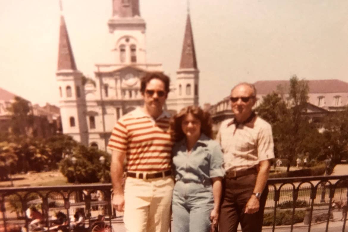 Author, Jennifer Harmon's parents and grandfather in front of Jackson Square in New Orleans.