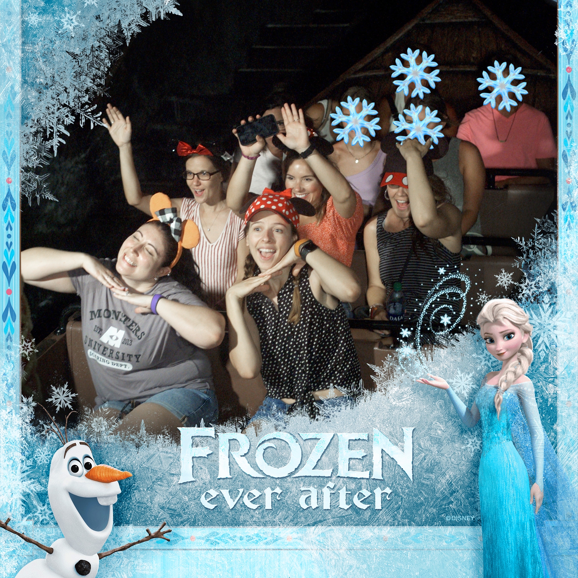 A picture framed with Elsa and Olaf surrounds a ride-photo of several caucasian women riding a boat in various poses wearing Mickey and Minnie ears.