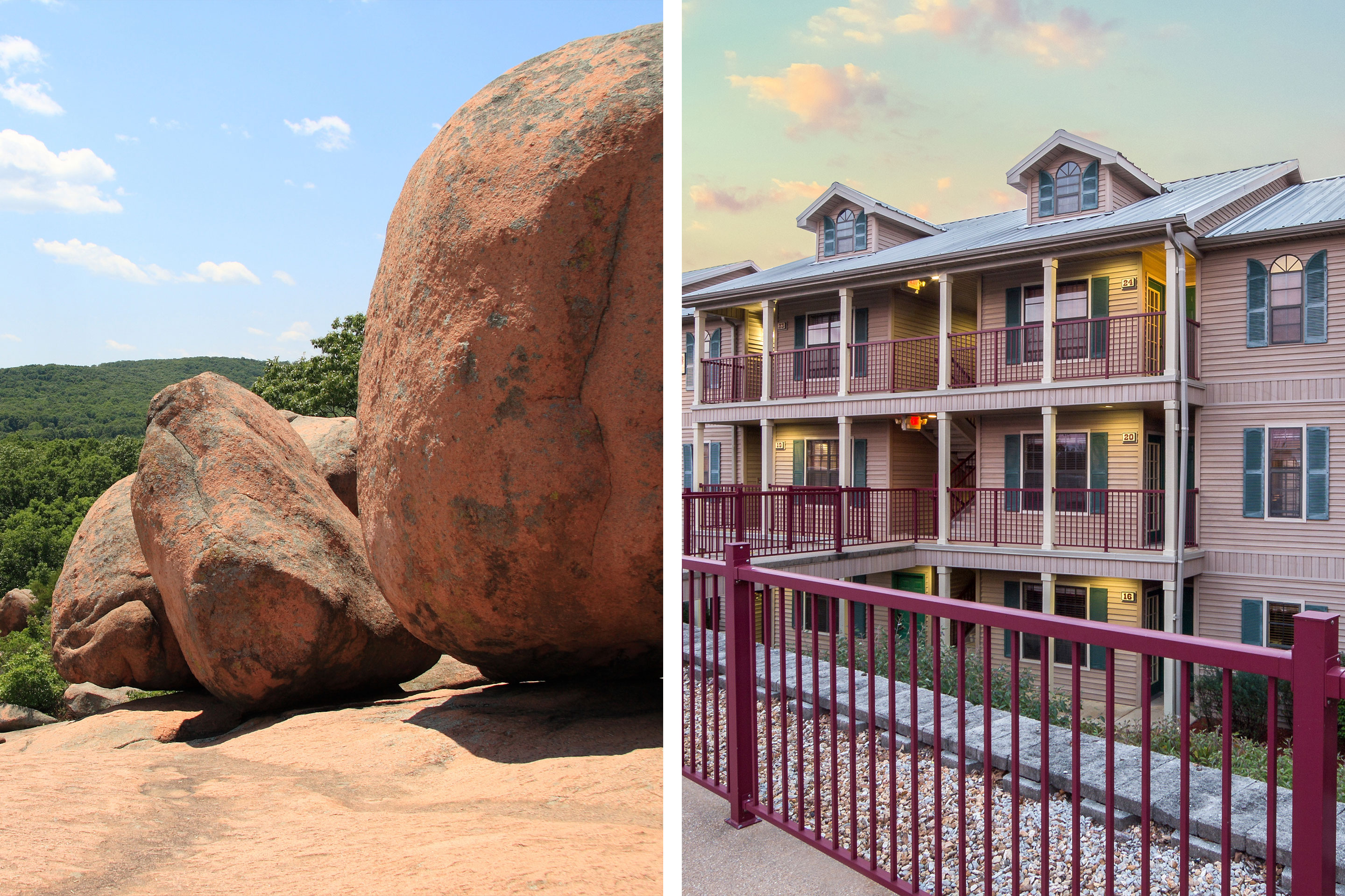 Left: Elephant Rocks State Park landscape with rocks. Right: Exterior shot of our Timber Creek Resort Villas.