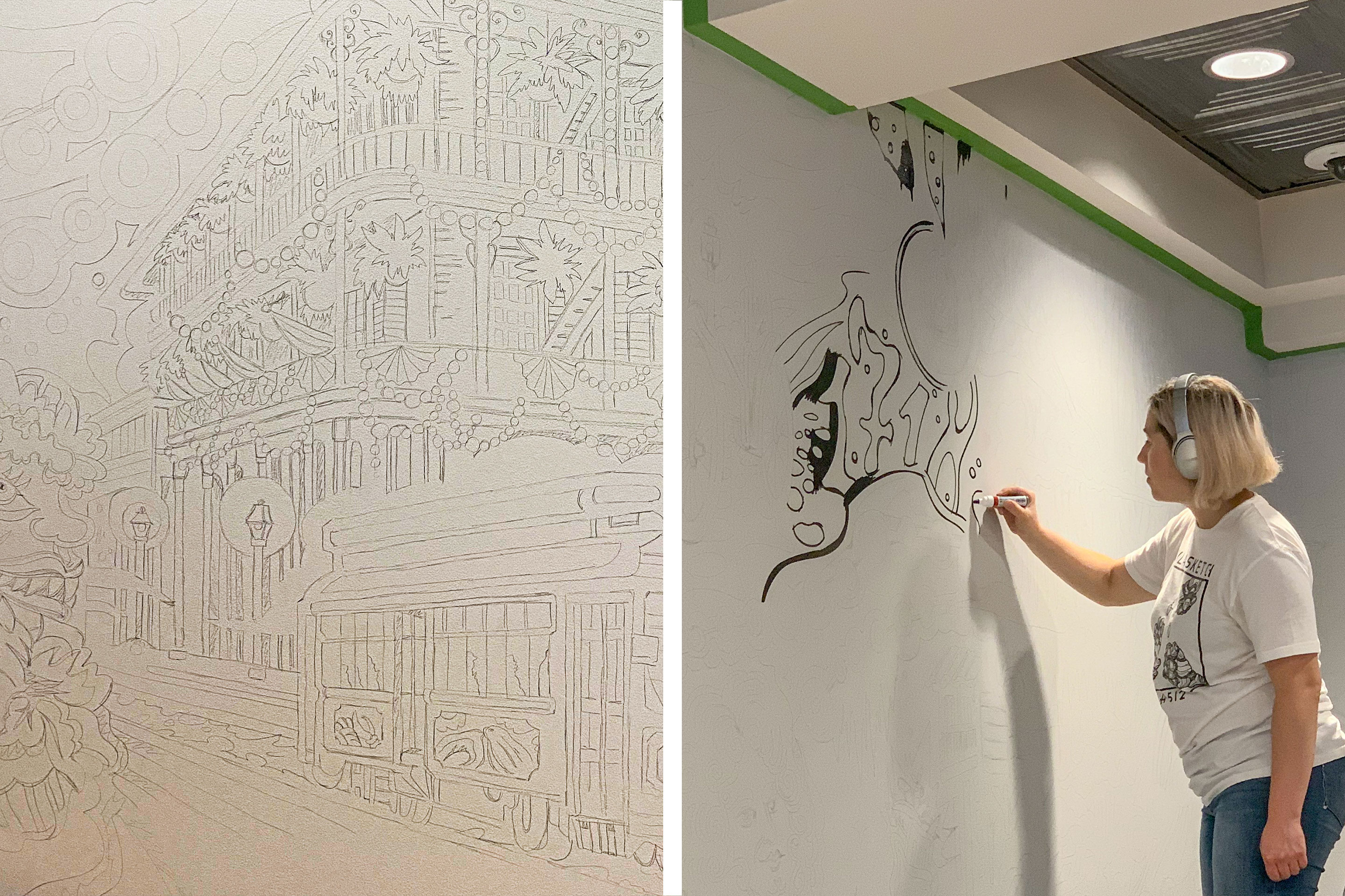 Left: An illustration of an iconic building on Bourbon St. drawn in pencil. Right: Muralist, Mila Sketch, wears headphones as she paints over her outlined mural art featured in the lobby of our resort in New Orleans, Louisiana.