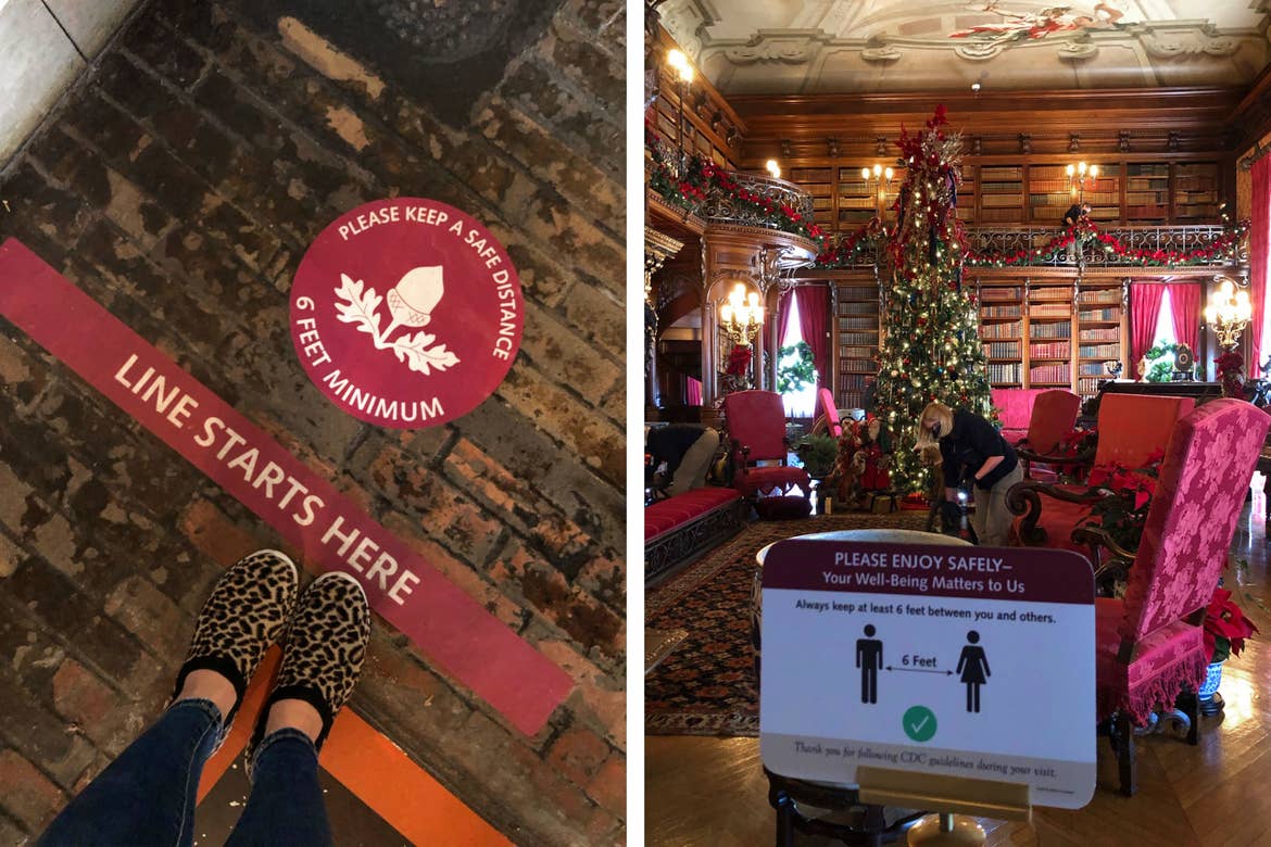 Left: Floor sign indicating Safety Measures for Social Distancing that reads, 'Line starts here, Please keep a safe distance, 6 Feet Minimum.'Right: The Library of the Biltmore Estate with fireplace and surrounded by red seating and Christmas trees.