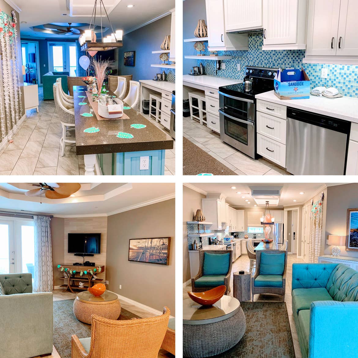 A collage of the interior of our Signature Collection villa at Galveston Beach Resort.