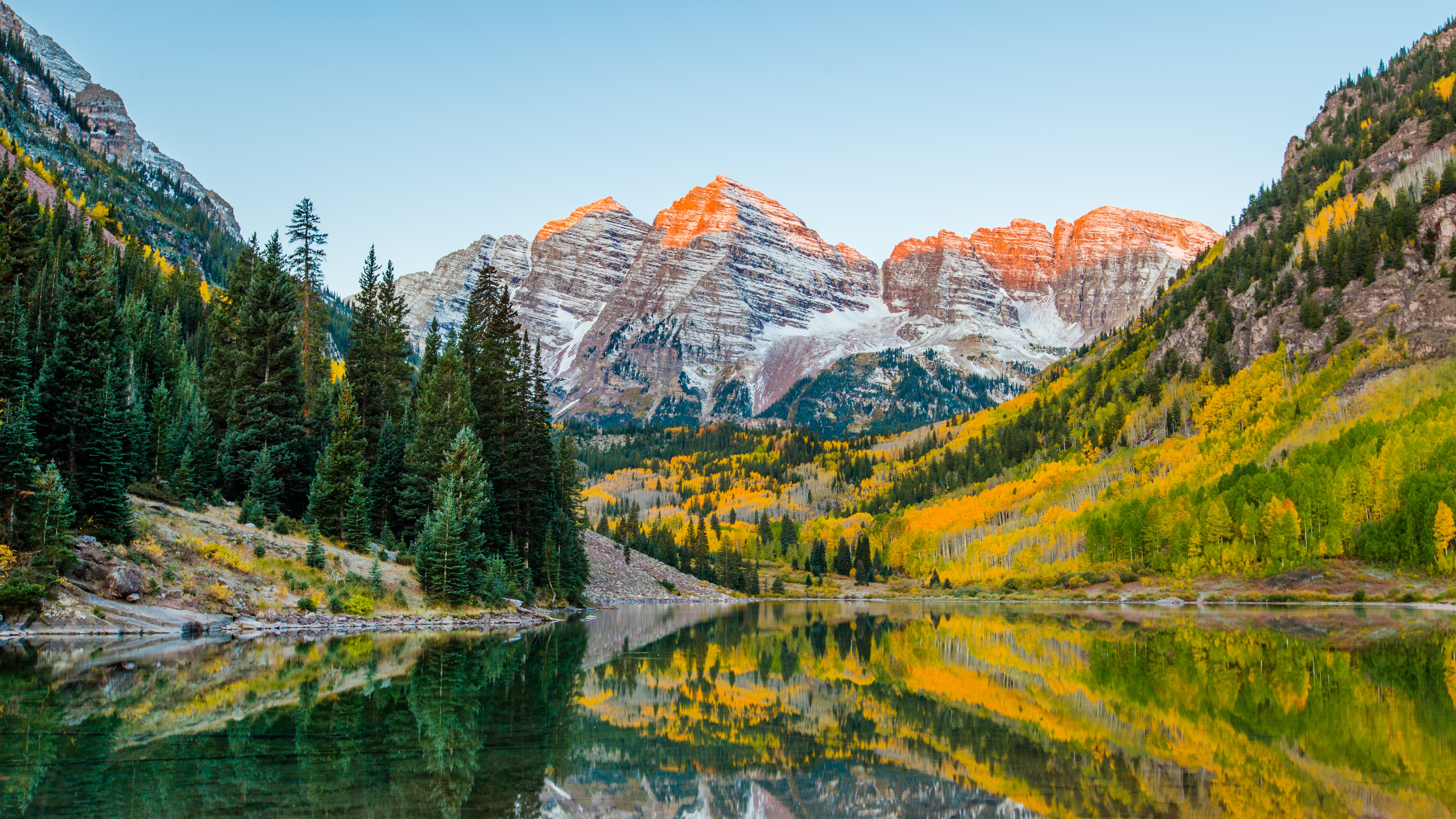 Yellow, gold and green fall foliage with snow-capped mountains in the background at Maroon Bells in Aspen, Colorado