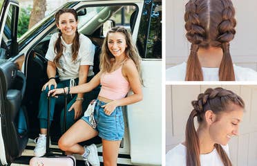 Left: Mindy and Kamri pose near their SUV with a pink suitcase in tow. Top-Right: Kamri sporting the dutch-braid hairstyle. Bottom-right: Kamri sporting the dutch-braid hairstyle from a profile.