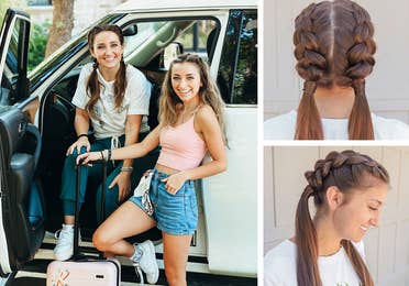 Left: Mindy and Kamri pose near their SUV with a pink suitcase in tow. Top-Right: Kamri sporting the dutch-braid hairstyle. Bottom-right: Kamri sporting the dutch-braid hairstyle from a profile.