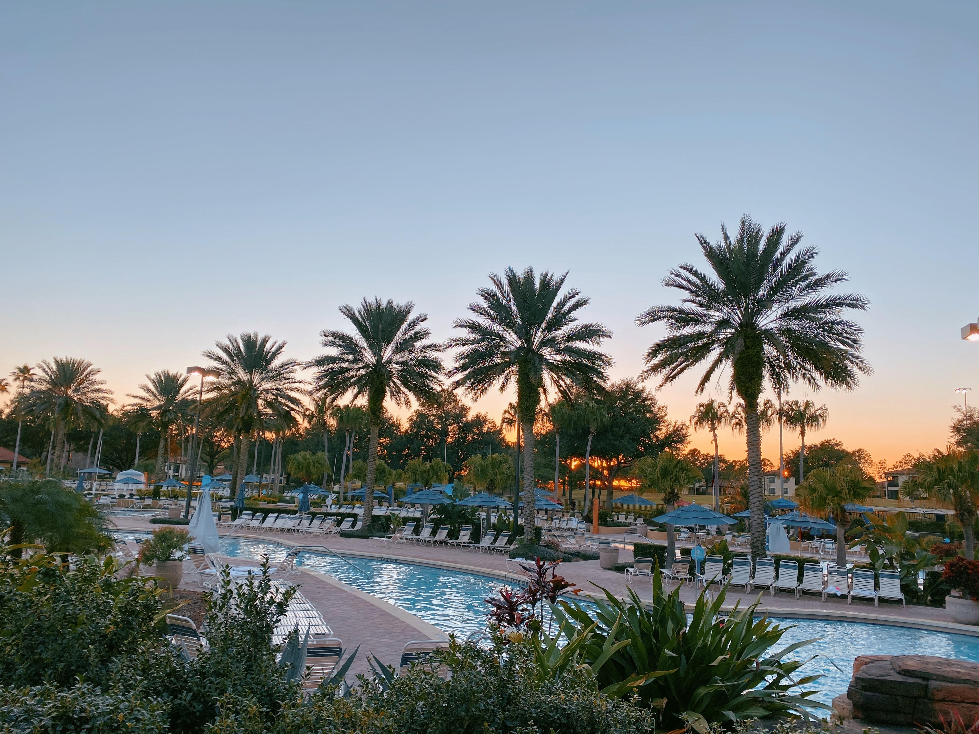 beautiful sunset overlooking the pool at Orange Lake Resort in Orlando, Florida