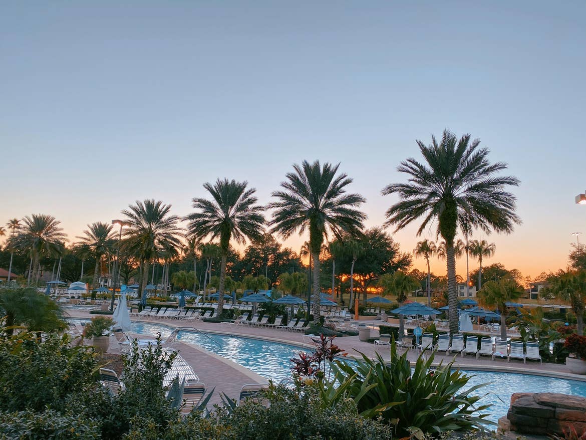 beautiful sunset overlooking the pool at Orange Lake Resort in Orlando, Florida