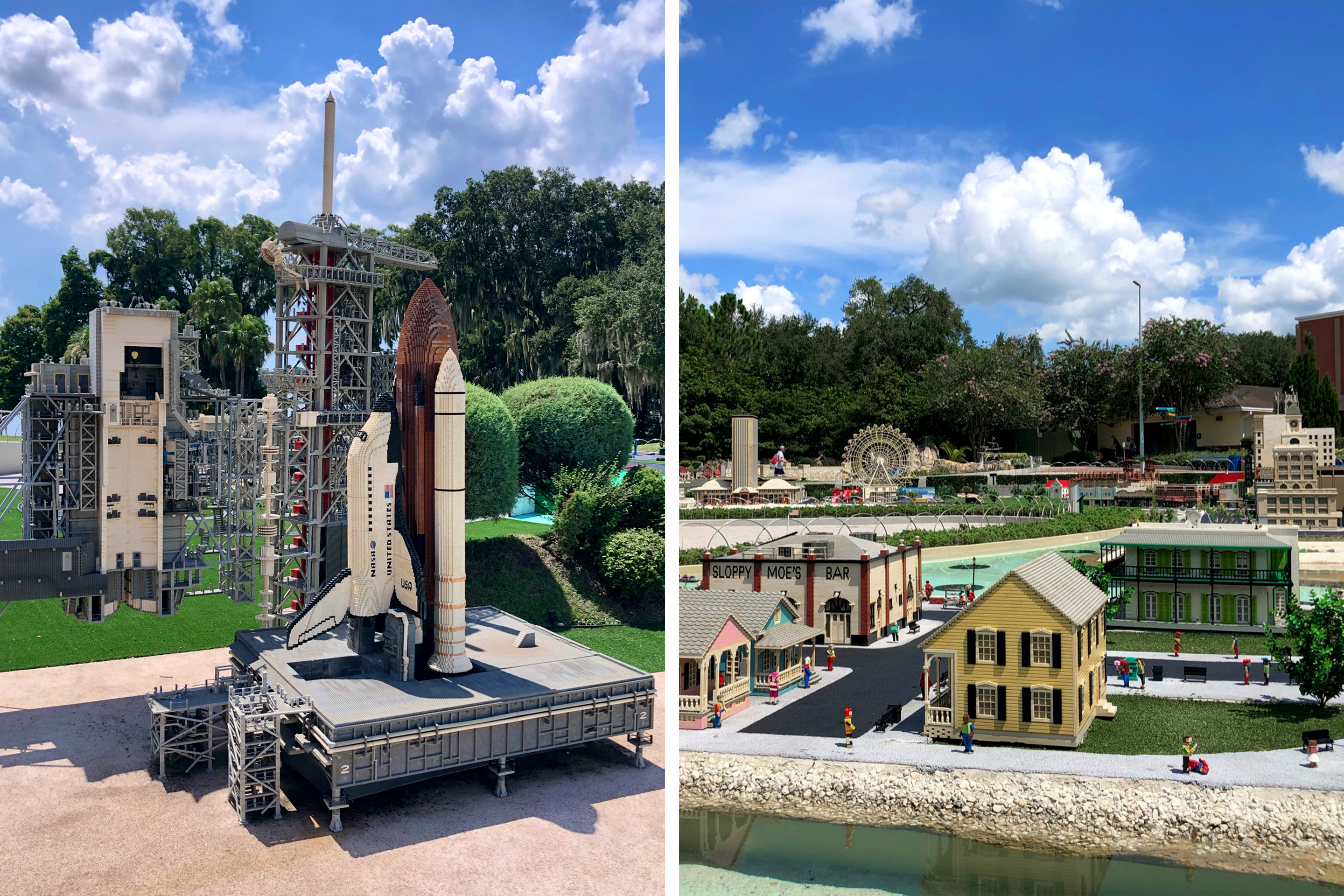 Left: A replica of a rocket launch pad made entirely of LEGOS. Right: A replica of Key West, Florida made entirely of LEGOS.
