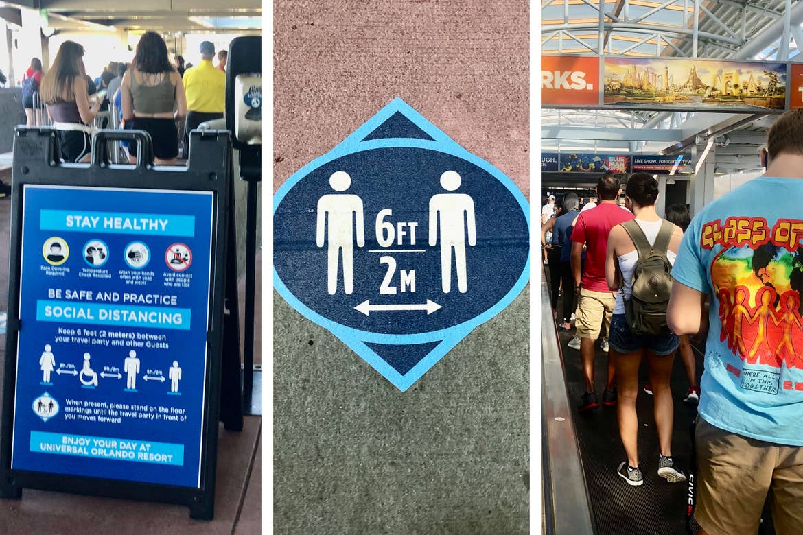 Left: Safety sign enforcing park Safety Measures. Center: decal on floor indicates guests maintain social distance of 6 ft. or 2 M. Right: Guests are lined up to receive temperature check prior to park entrance.