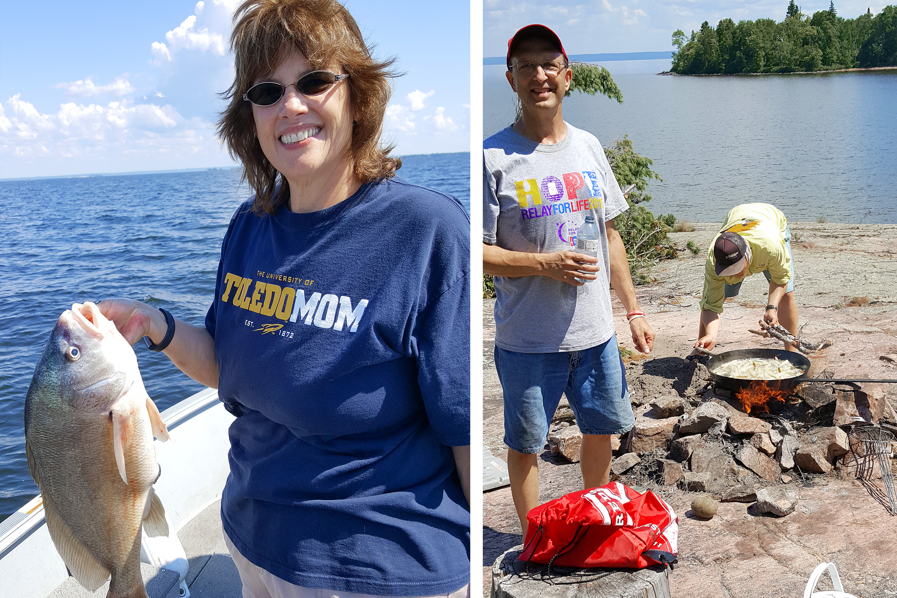 Left: A caucasian woman wearing a navy t-shirt holds a freshwater fish on a small white fishing boat. Right: two caucasian males stand on an overlook above Lake Nipissing in Canada preparing fish for a meal.