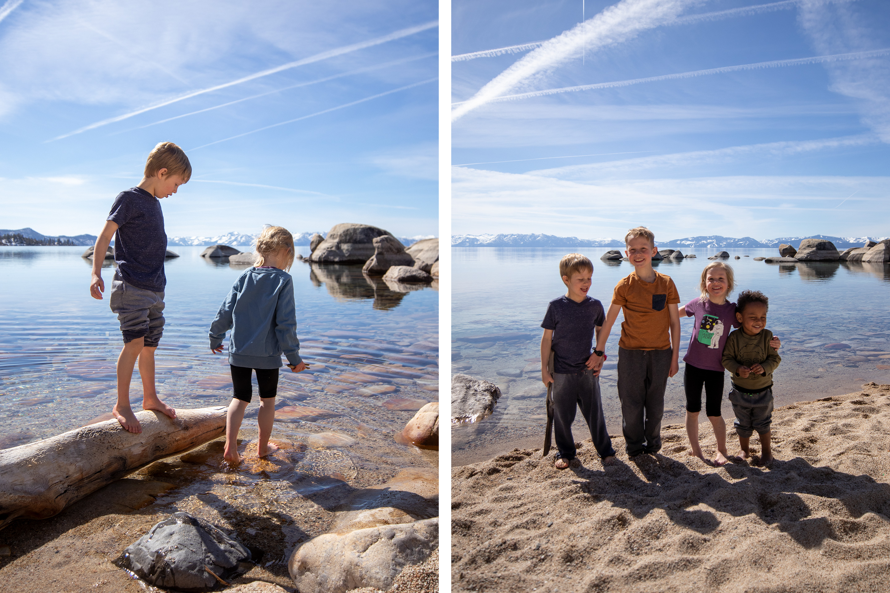 Left: Featured Contributor, Andrea Rassmussen's son and daughter dip their toes into the water at Sand Harbor in Nevada State Park. Right: All of the children pose on the beach.