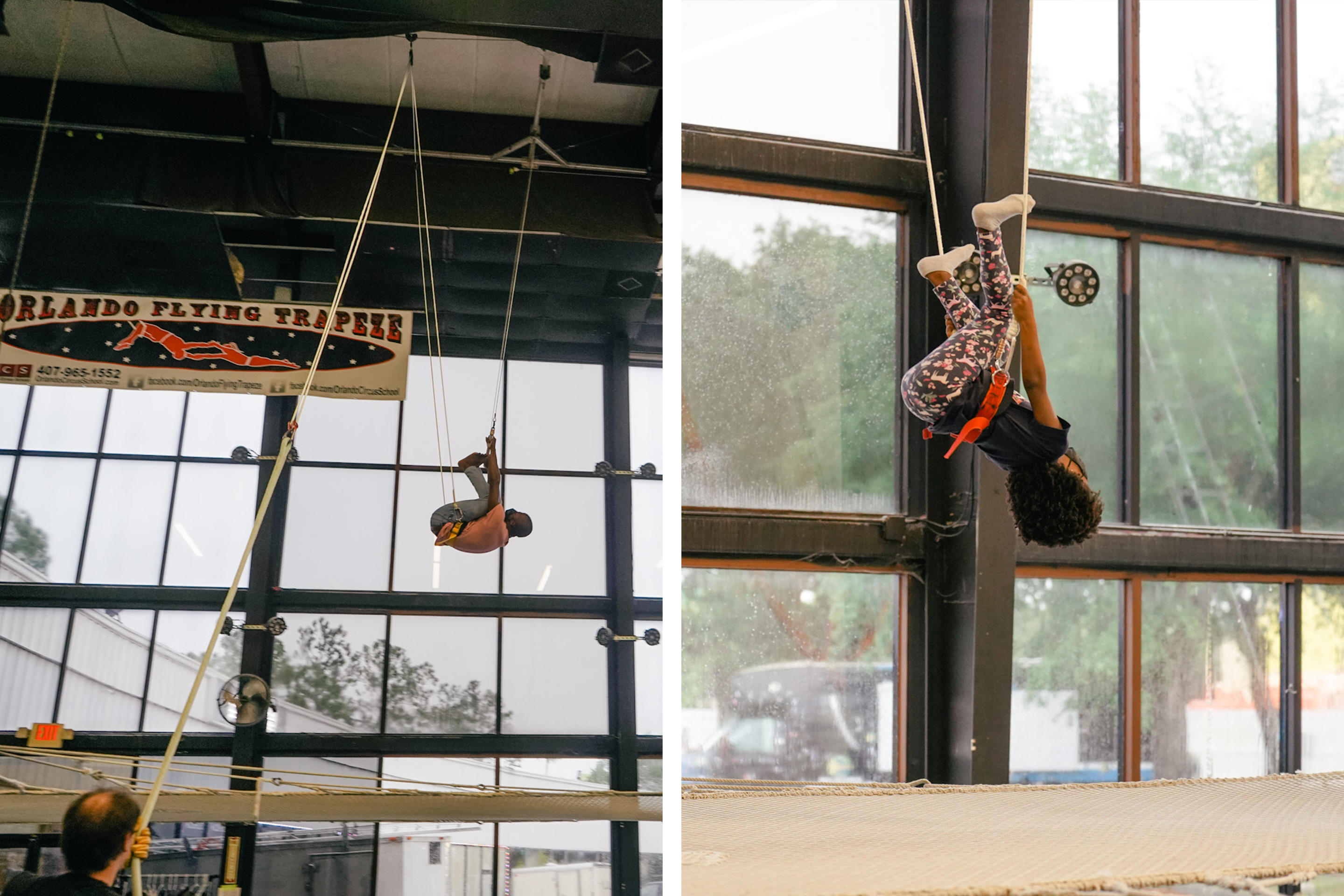 Left: Monet's husband wears a training harness during a Trapeze Class at the Orlando Circus School. Right: Monet's daughter joins the class wearing leggings and a training harness.