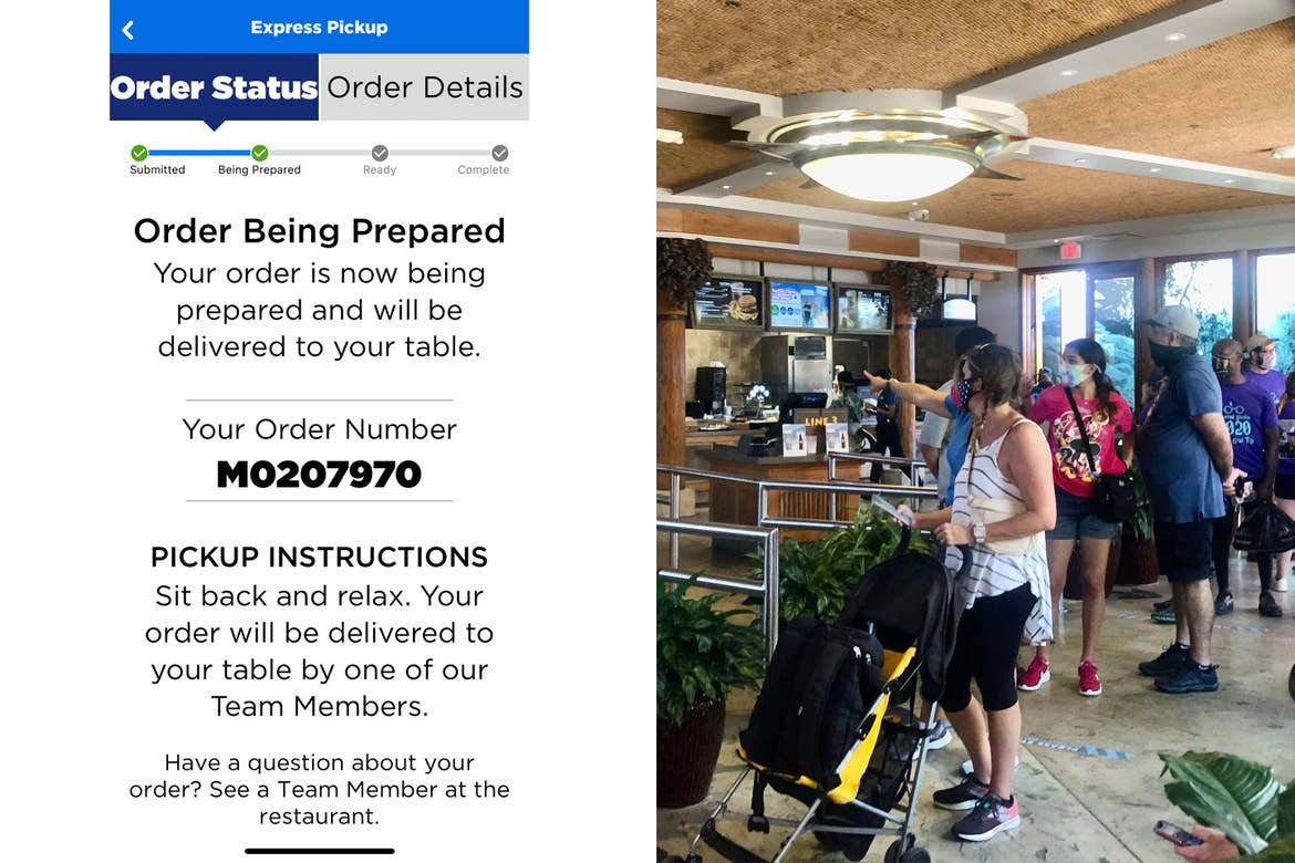 Left: Rona's mobile order status as seen in the Official Universal Orlando Resort™ App. Right: Guests wait in line to place their order.