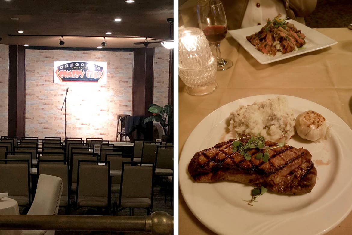 Left: A stage for the after-dinner comedy performers with a mic and sign that reads, 'Gregory's Upstairs Comedy Club.' Right: A white round dinner plate with steak (front) and a white square dinner plate with spare ribs (back) on a beige tablecloth with candlelight and a glass of red wine.