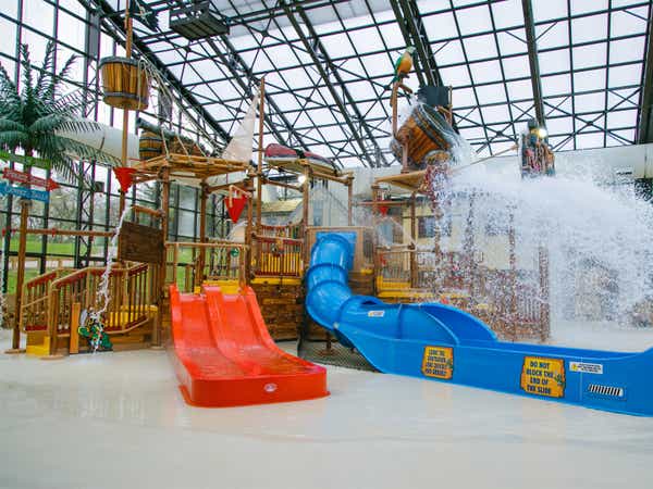 Waterslides in Pirate's Cay Indoor Waterpark at Fox River Resort in Sheridan, Illinois.